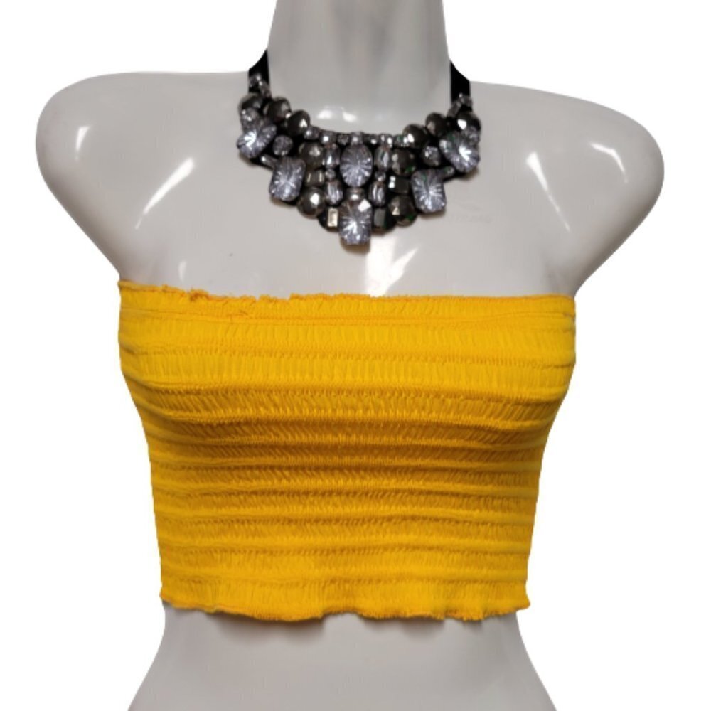 Yellow Sexy Crop Top Strapless Tube Top Smocked Stretchy Summer Bandeau - NEW